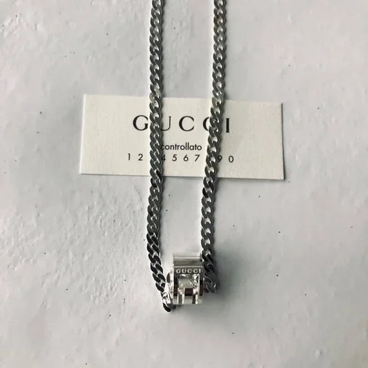 Gucci Necklace Open G Cutout GG Ring Pendant Silver Ag925 Curb Chain w GucciBox