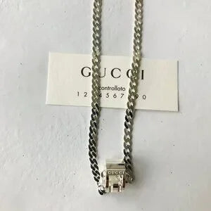 Gucci Necklace Open G Cutout GG Ring Pendant Silver Ag925 Curb Chain w GucciBox